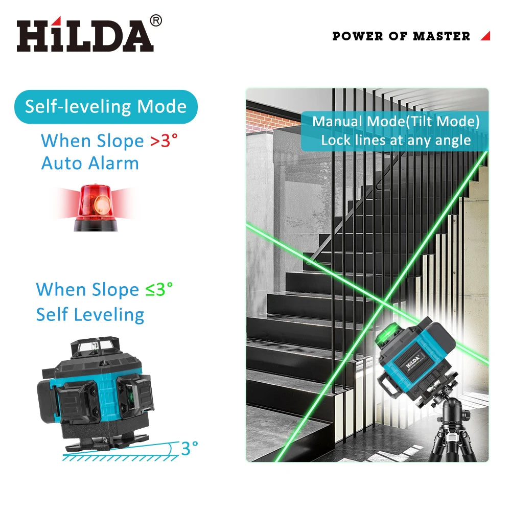 HILDA 4D 16 Linien Laser-Nivelliergerät 360° selbstnivellierend horizontal vertikal grünes Licht Profi-Werkzeug mit Fernbedienung Stativ