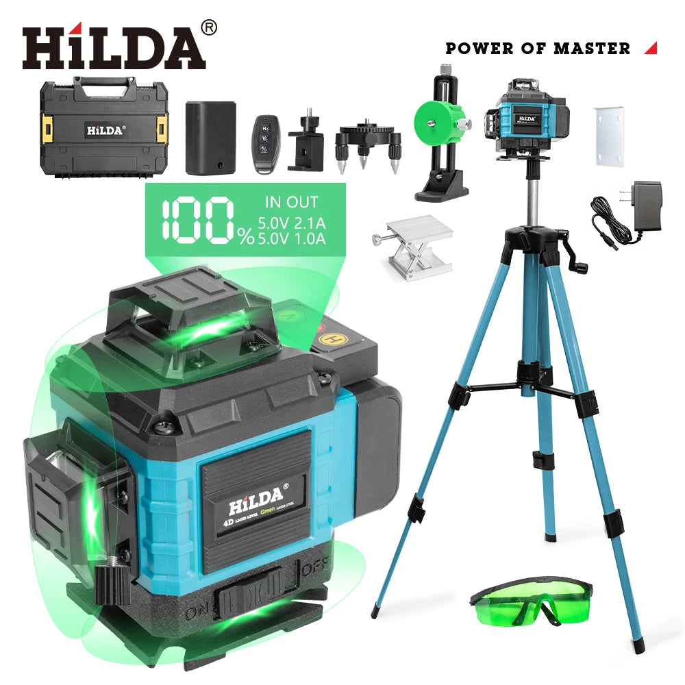 HILDA 4D 16 Linien Laser-Nivelliergerät 360° selbstnivellierend horizontal vertikal grünes Licht Profi-Werkzeug mit Fernbedienung Stativ