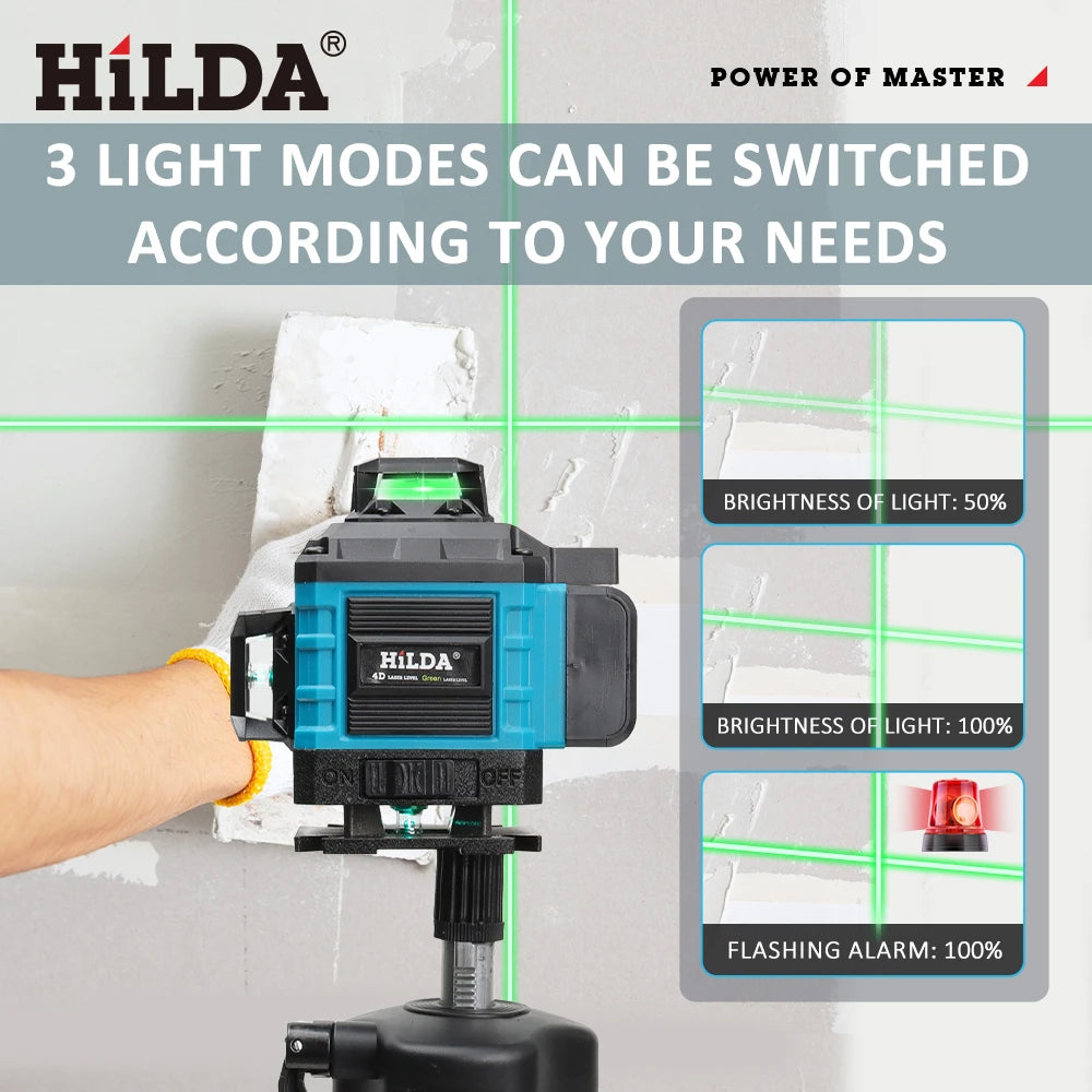 HILDA 4D 16 Linien Laser-Nivelliergerät 360° selbstnivellierend horizontal vertikal grünes Licht Profi-Werkzeug mit Fernbedienung Stativ