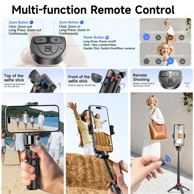 TOKQI Stativ, ausziehbarer Selfie-Stick, Handyhalter, Mini-Quadpod für Handy-Vlog-Videoaufnahmen mit Zoom, optionales Licht