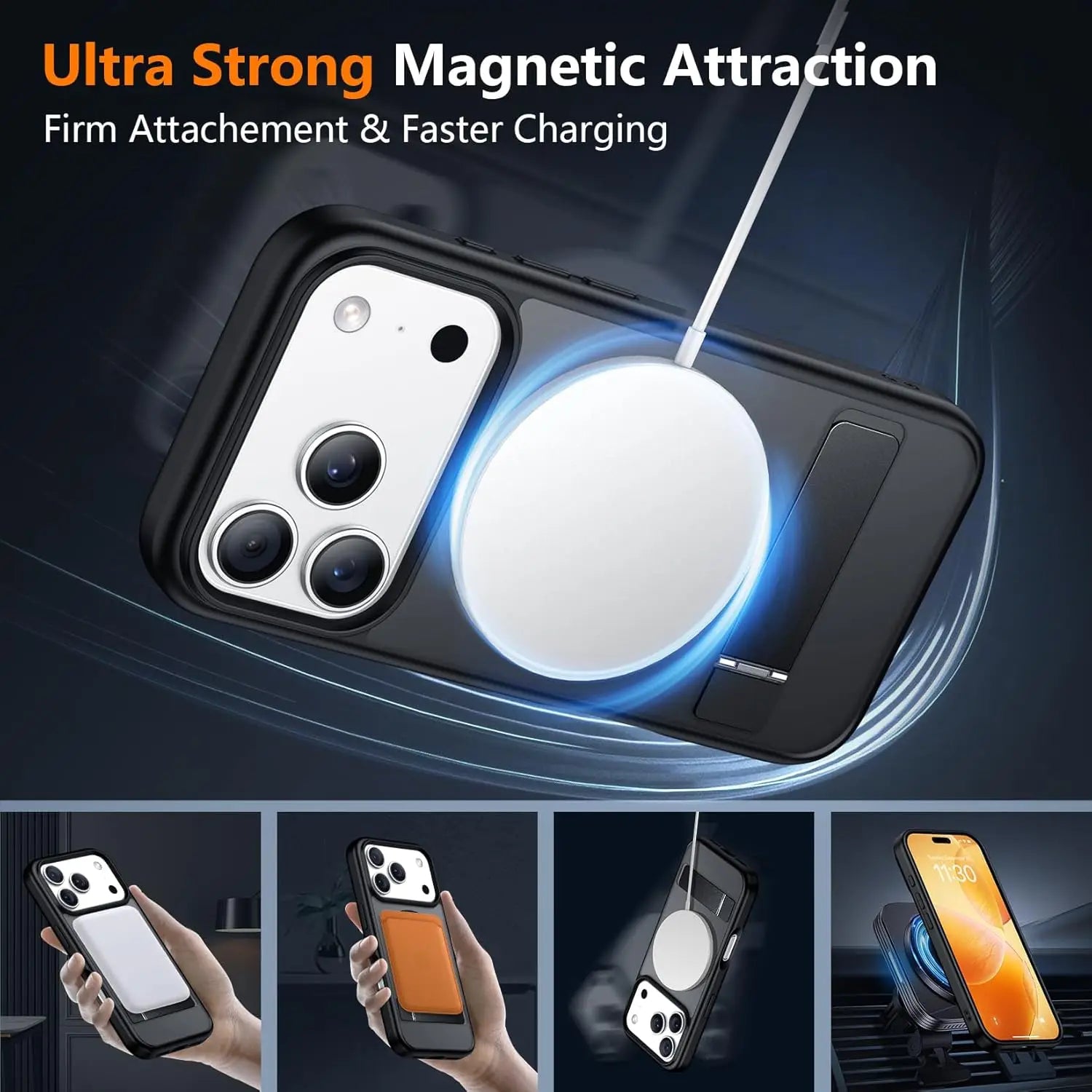 Magnetic Mobile Phone Case with Stand for iPhone 16 17 Pro Max 15 14 Plus 13 12 Translucent Cover with Kickstand