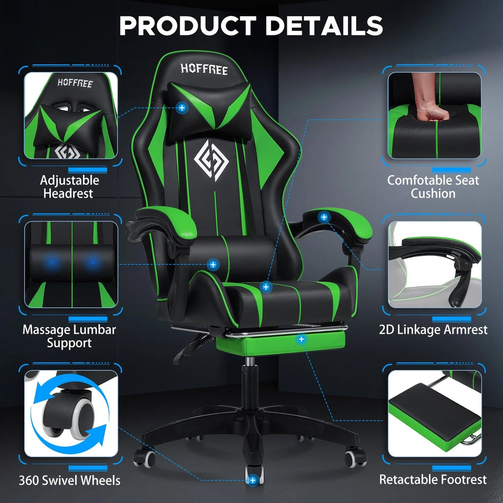 Ergonomic Gaming Chair with Massage, Footrest, Swivel Seat & Headrest - Streaming & GamingFATAON