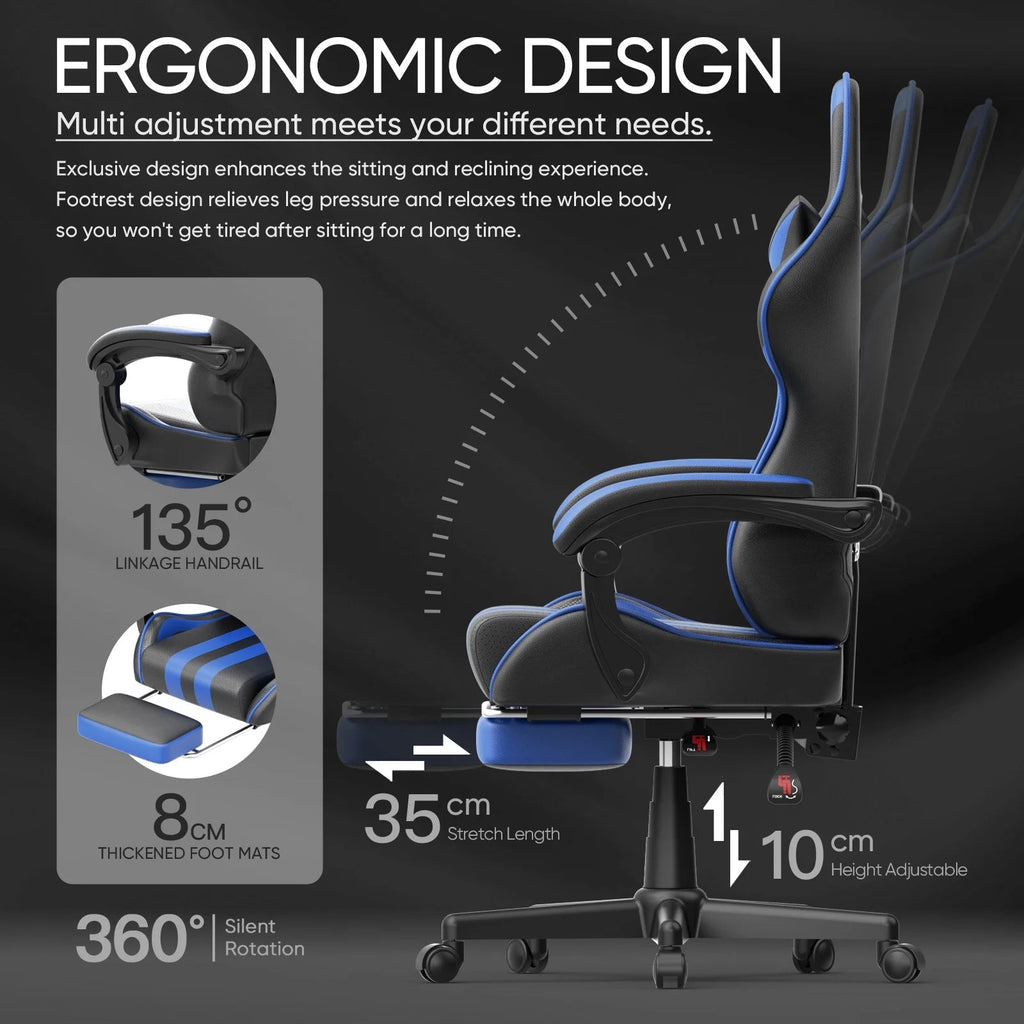 #Gamer Chair for Adult, Ergonomic Office Chair with Massage Lumbar Pillow, with Swivel BlueStreaming & GamingFATAON