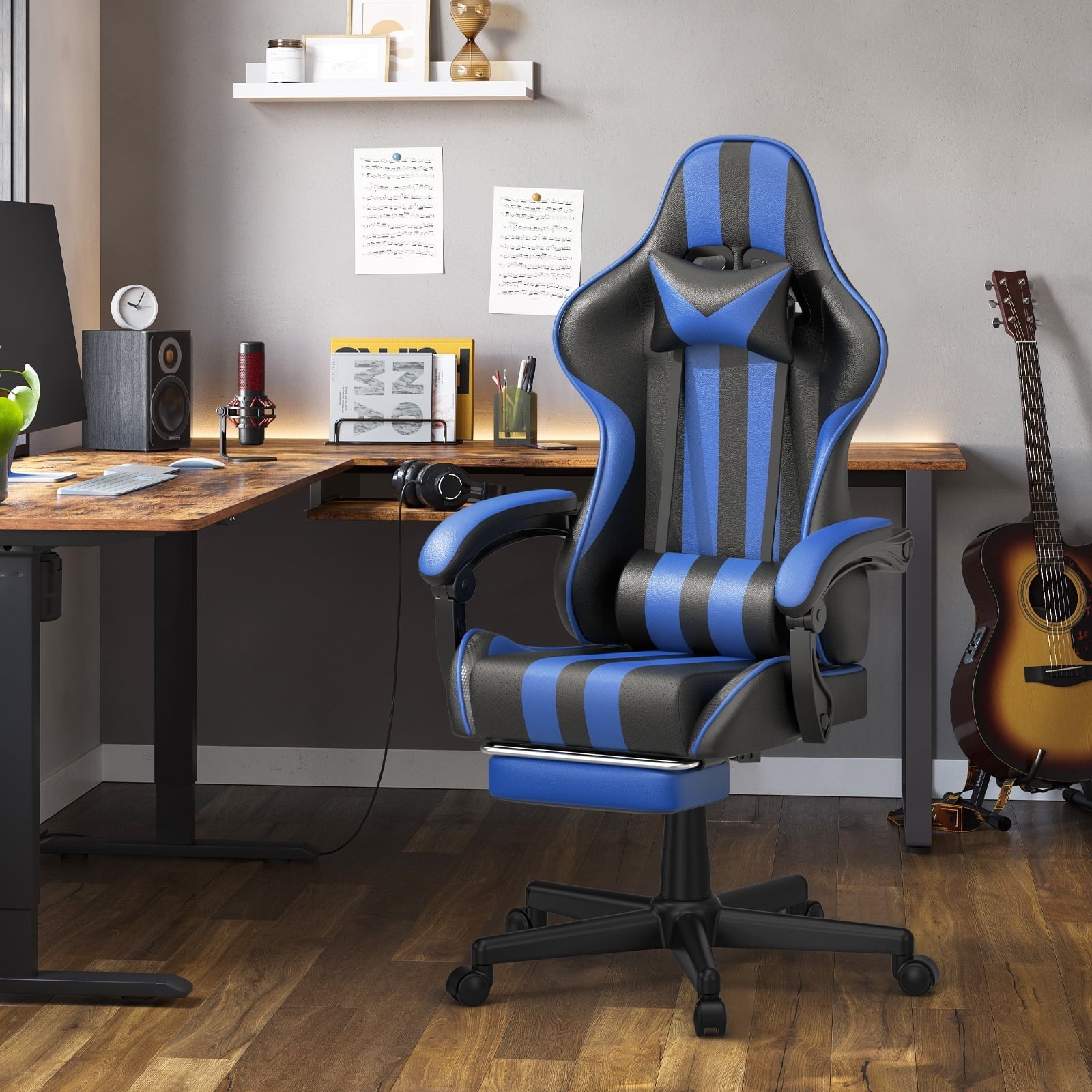 #Gamer Chair for Adult, Ergonomic Office Chair with Massage Lumbar Pillow, with Swivel BlueStreaming & GamingFATAON
