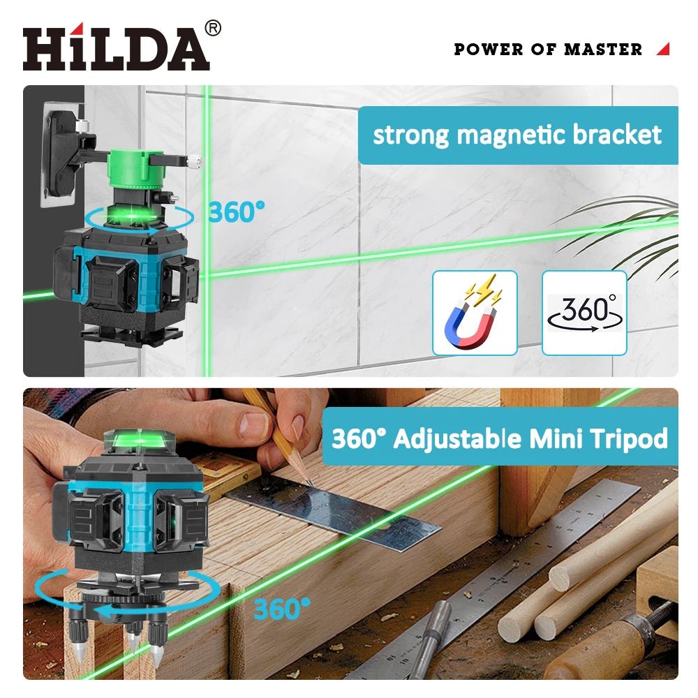 HILDA 4D 16 Lines Laser Level 360 Self Leveling Horizontal Vertical Green Light Professional Tool with Remote Control Tripod - Fix & GoHILDA 4D 16 Lines Laser Level 360 Self Leveling Horizontal Vertical Green Light Professional Tool with Remote Control TripodOutils & MesureFix & Go