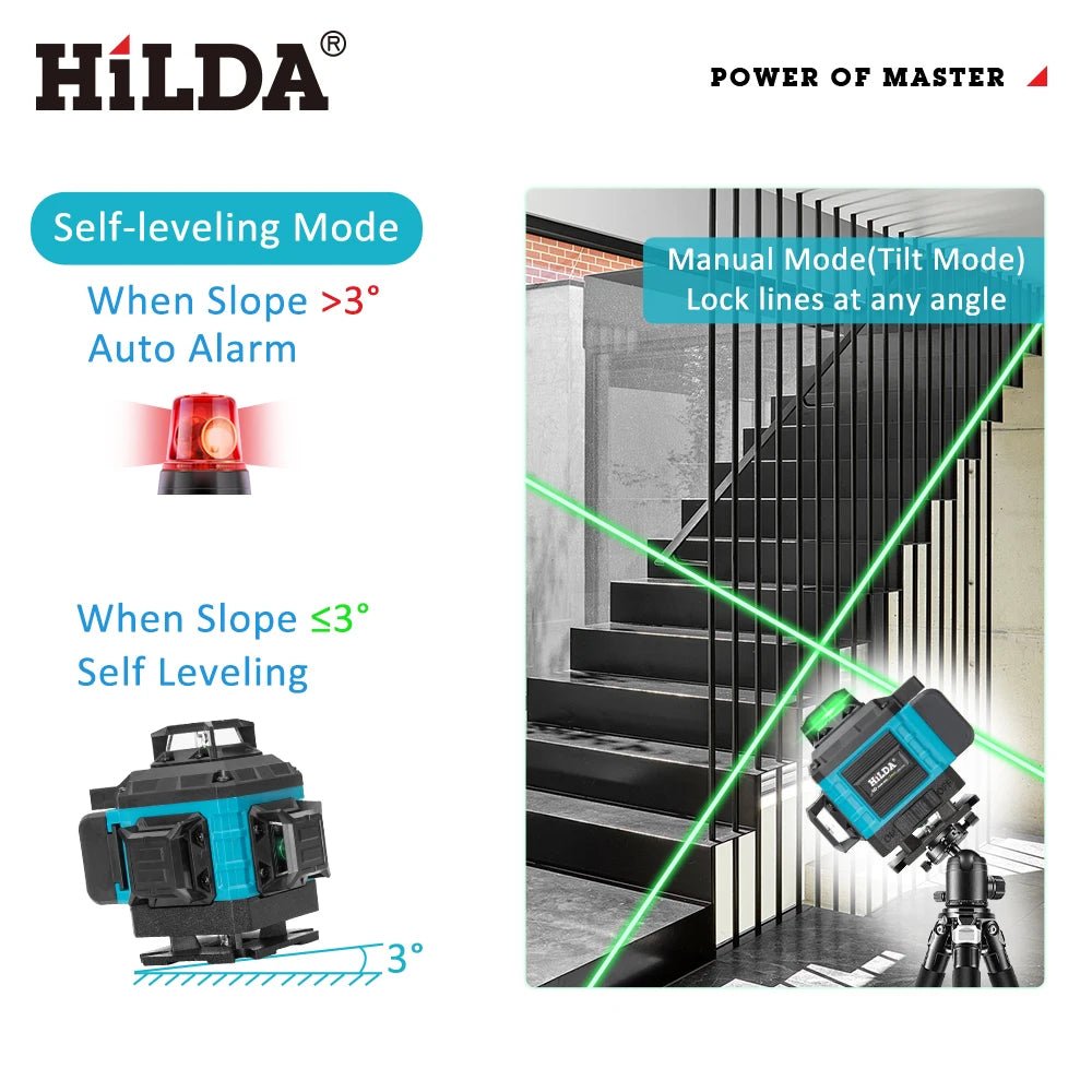 HILDA 4D 16 Lines Laser Level 360 Self Leveling Horizontal Vertical Green Light Professional Tool with Remote Control Tripod - Fix & GoHILDA 4D 16 Lines Laser Level 360 Self Leveling Horizontal Vertical Green Light Professional Tool with Remote Control TripodOutils & MesureFix & Go