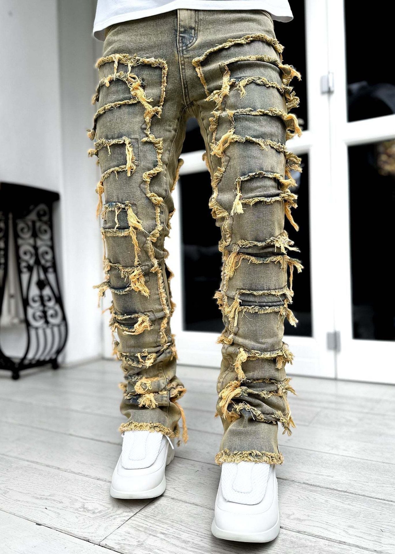 Ins Fringes Ripped Trousers Individual Patched Pants Long Tight Fit Stacked Jeans for Mens Clothing - Fix & GoIns Fringes Ripped Trousers Individual Patched Pants Long Tight Fit Stacked Jeans for Mens ClothingFix & Go