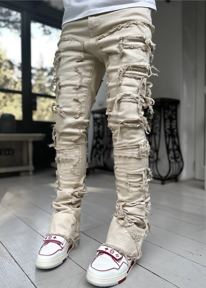Ins Fringes Ripped Trousers Individual Patched Pants Long Tight Fit Stacked Jeans for Mens Clothing - Fix & GoIns Fringes Ripped Trousers Individual Patched Pants Long Tight Fit Stacked Jeans for Mens ClothingFix & Go