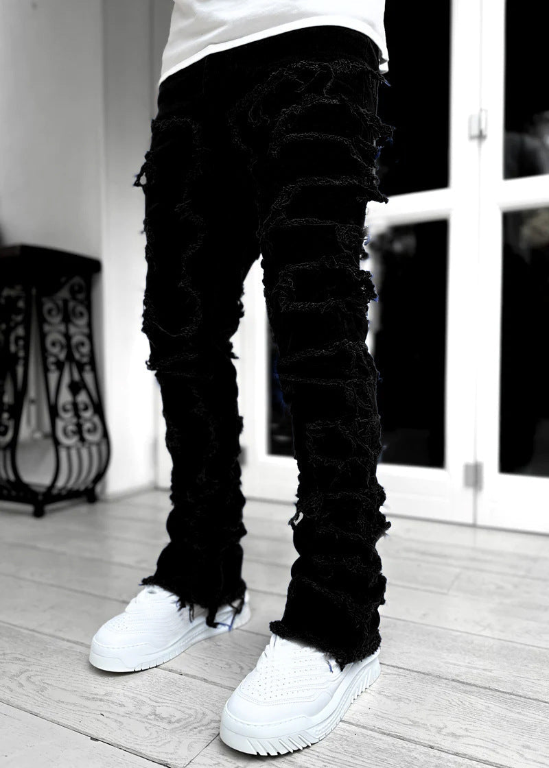 Ins Fringes Ripped Trousers Individual Patched Pants Long Tight Fit Stacked Jeans for Mens Clothing - Fix & GoIns Fringes Ripped Trousers Individual Patched Pants Long Tight Fit Stacked Jeans for Mens ClothingFix & Go